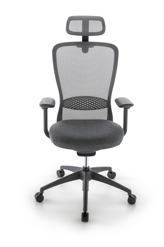 Silla Presidente Modelo Moon, Brazos 4D, soporte lumbar ajustable, syncrom activado por peso, columna ajustable, patas de nylon grafito