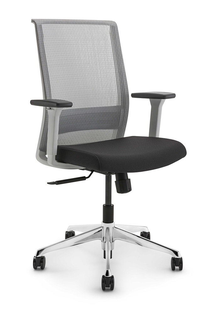 Silla Gerente Modelo Contatto Abruzzo, patas de aluminio, brazos regulables, apoyo lumbar ajustable, respaldo en red, asiento en tela crepe. Mecanismo multiposicion. 