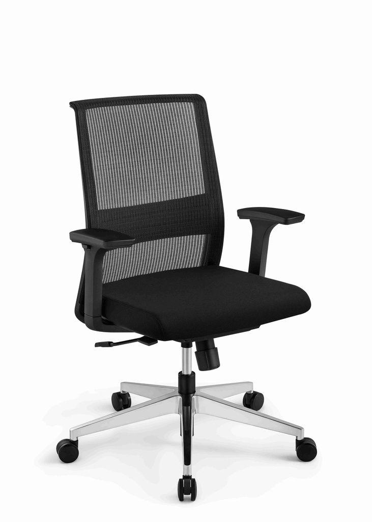 Silla Gerente Modelo Contatto, patas de aluminio, brazos regulables, apoyo lumbar ajustable, respaldo en red, asiento en tela crepe. Mecanismo multiposicion. 